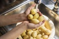 A person washing potatoes under running water food photography recipe idea