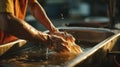 A person washing their hands in a sink, AI