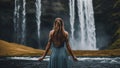 person in the water Fantasy brave girl who is proudly standing with her arms raised in front of the water wall of the waterfall