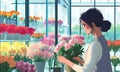 person watering flowers. woman collects a bouquet in a glassed flower shop