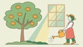 Person watering orange tree, nurturing growth, vector design Generative AI Royalty Free Stock Photo