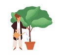 Person watering potted plant. Woman growing and cultivating tree. Businesswoman investing in business growth, career and