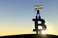 Person waving a india flag standing on top of a bitcoin cryptocurrency symbol. 3D Rendering