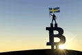 Person waving a sweden flag standing on top of a bitcoin cryptocurrency symbol. 3D Rendering