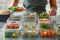 A person wearing an apron is busy preparing various ingredients and food items in plastic containers for meal prepping
