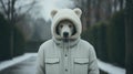 A person wearing a bear hat and jacket. Generative AI image.