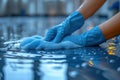 A person wearing blue rubber gloves is actively cleaning Royalty Free Stock Photo