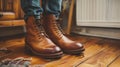 A person wearing brown boots standing on a wooden floor, AI