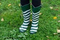 Person wearing clean, green rubber rain boots with white stripes standing in green grass Royalty Free Stock Photo