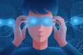 Person wearing digital glasses in a futuristic AI environment with binary code Royalty Free Stock Photo