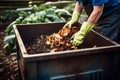 Person wearing gloves throwing food and yard scraps into a residential compost bin. Decomposing organic matter rich in nutrients