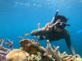 person in green shirt under sea wearing goggles and diving with hand sign Royalty Free Stock Photo