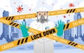 Person wearing hazmat suit with lockdown town because of virus contagiousness virus Royalty Free Stock Photo