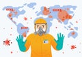 Person wearing hazmat suit and world map as background with contagiousness virus over the world Royalty Free Stock Photo