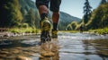 A person wearing hiking shoes walking through a stream. Generative AI image.