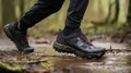 A person wearing hiking shoes in the woods. Generative AI image.