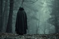 A person wearing a hooded cloak stands amidst the trees in the serene woodland, Mysterious cloaked figure standing at the edge of