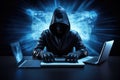 A person wearing a hooded jacket focusedly types on a laptop, leveraging modern technology for productive tasks, Cyber security