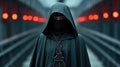 A person wearing a hooded robe and a black cloak. AI