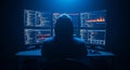 Hooded hacker working on multiple computer screens with coding data and cybersecurity analytics displayed Royalty Free Stock Photo