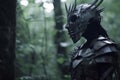 a person wearing a metal mask in the woods