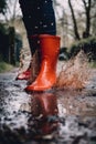 A person wearing red rain boots splashing through a puddle. AI generative image.