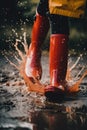 A person wearing red rain boots splashing water. Generative AI image.