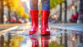 Person Standing in Red Rain Boots in Puddle. Generative AI Royalty Free Stock Photo