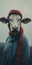 Eccentrically Quirky Red Scarf Cow Portrait In Andreas Levers Style