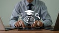 Artificial intelligence concept showing person using tablet with AI brain graphic representing machine learning and education in Royalty Free Stock Photo