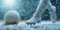 person, wearing a soccer boot, skillfully kicks a soccer ball across a snowy field, creating a beautiful and dynamic Royalty Free Stock Photo