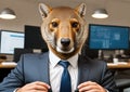 A person wearing a suit and tie sitting at a desk with a computer monitor in front of them. Royalty Free Stock Photo