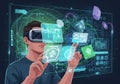 A person wearing a virtual reality headset interacts with a futuristic augmented reality interface. Royalty Free Stock Photo