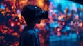 A person wearing a virtual reality headset looking at colorful lights, AI Royalty Free Stock Photo