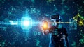 Futuristic Interaction: Person in VR headset engaging with holographic data interface Royalty Free Stock Photo