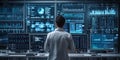 a person wearing a white lab coat stands in front of a multitude of computer screens displaying complex data Royalty Free Stock Photo