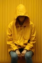 A person wearing a yellow raincoat sitting on a bench. Generative AI image.