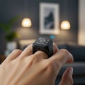 A person wears a smart ring displaying a \