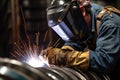 a person welding aluminum parts wearing a protective helmet