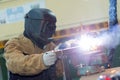 person welding wearing protective mask