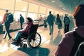 person in wheelchair, rolling through crowded airport terminal, with view of busy baggage claim area