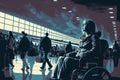 person in wheelchair, rolling through crowded airport terminal, with view of busy baggage claim area