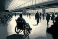 person in wheelchair, rolling through crowded airport terminal, with view of busy baggage claim area