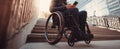 The Person in a Wheelchair Using a Smartphone on Urban Stairs AI generated image Royalty Free Stock Photo