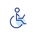 Person in a wheelchair working at laptop. Remote workplace for people with disabilities. Pixel perfect, editable stroke