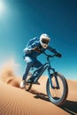 man performing stunts on a bike. desert landscape. Royalty Free Stock Photo