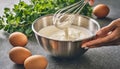 Person whisking eggs in a bowl, AI-generated. Royalty Free Stock Photo