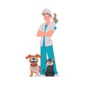 A person who looks after animals and is adorable and amusing is surrounded by many animals. Vector Illustration.