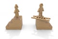 The person who removes the ladder. Break up with a woman. Wooden doll. 3D illustration