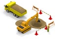 A person who works at a construction site. A truck that carries garbage. Excavator operation. isometric